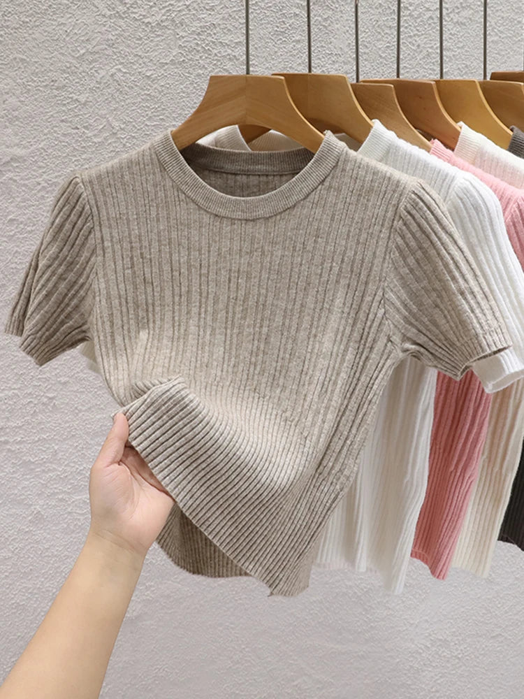 Women's Knit Summer T-Shirt — Korean Basic Solid Top