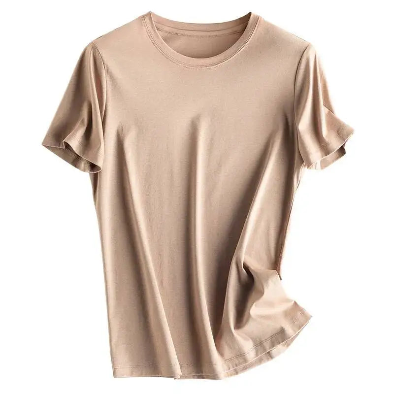 Women's Luxury Mulberry Silk Cotton T-Shirt – Loose Round Neck Short Sleeve Solid Basic Top