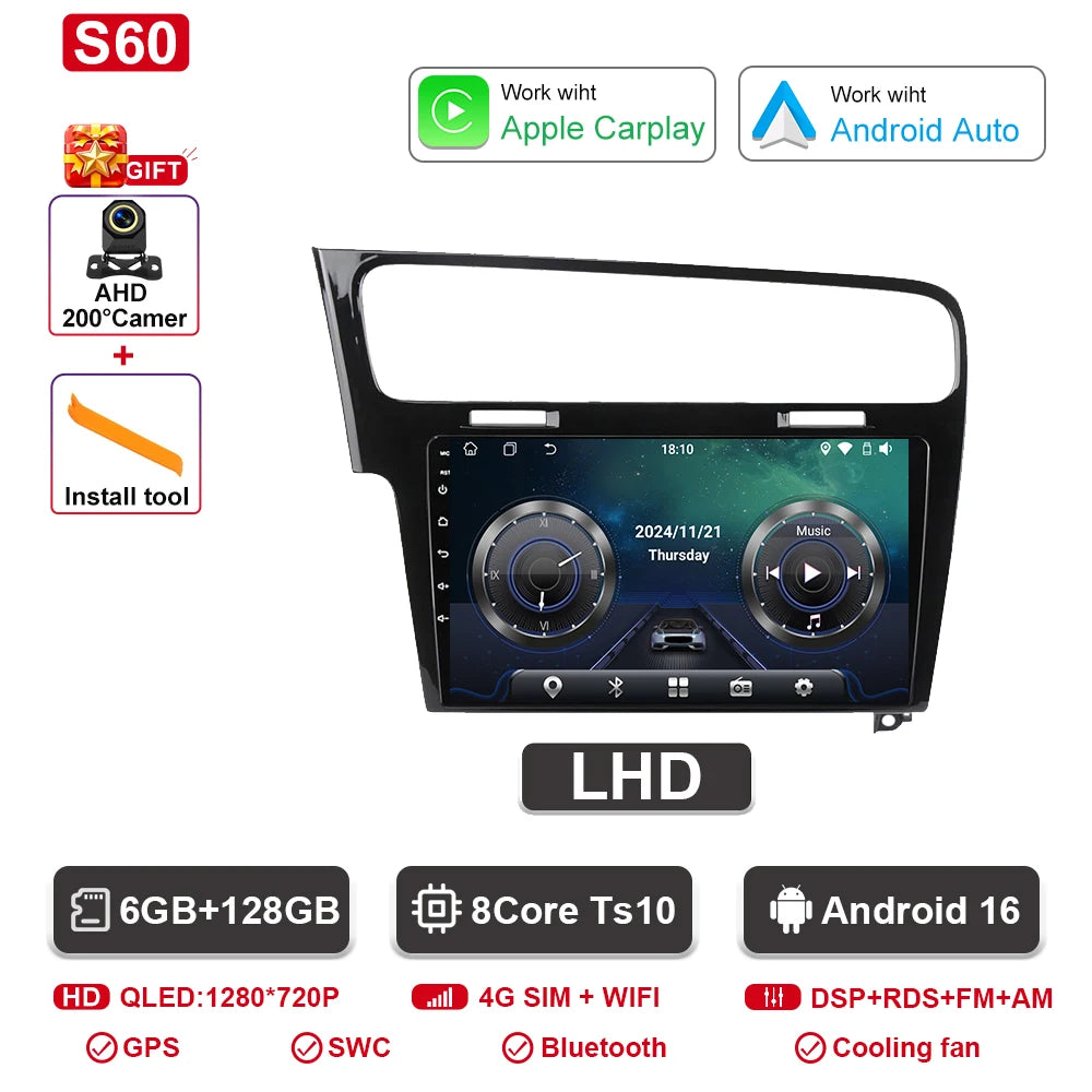 Android Car Stereo for VW Golf 7 MK7 GTI (2012–2021, RHD) — CarPlay, Android Auto, GPS, 2-DIN