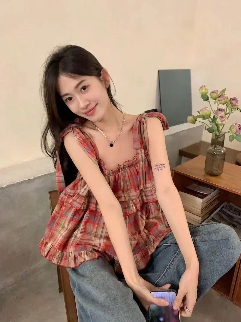 Women's Y2K Vintage Plaid Lace-Up Strap Sleeveless Crop Tank Top – Acubi Japan Green Streetwear