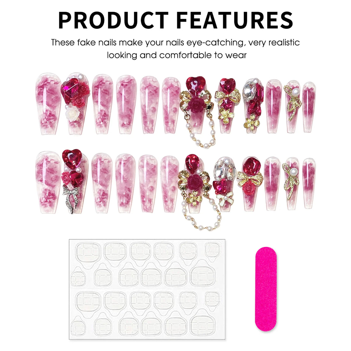 24pcs New Year Long Artificial Fake Nails Glossy Rose Pink 3D Flower Love Heart Bowknots Decor Press On Nails Charm False Nail