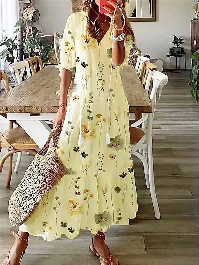 Women's Boho Maxi Dress – Casual V-Neck Drawstring Long-Sleeve Printed Bohemian Dress