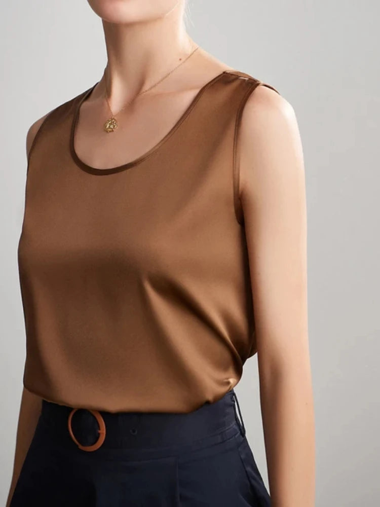 Summer Satin Mulberry Silk Tank Top Casual Versatile Champagne Tops Woman 2026 New Fashion Elegant Vest Loose Sleeveless T-shirt
