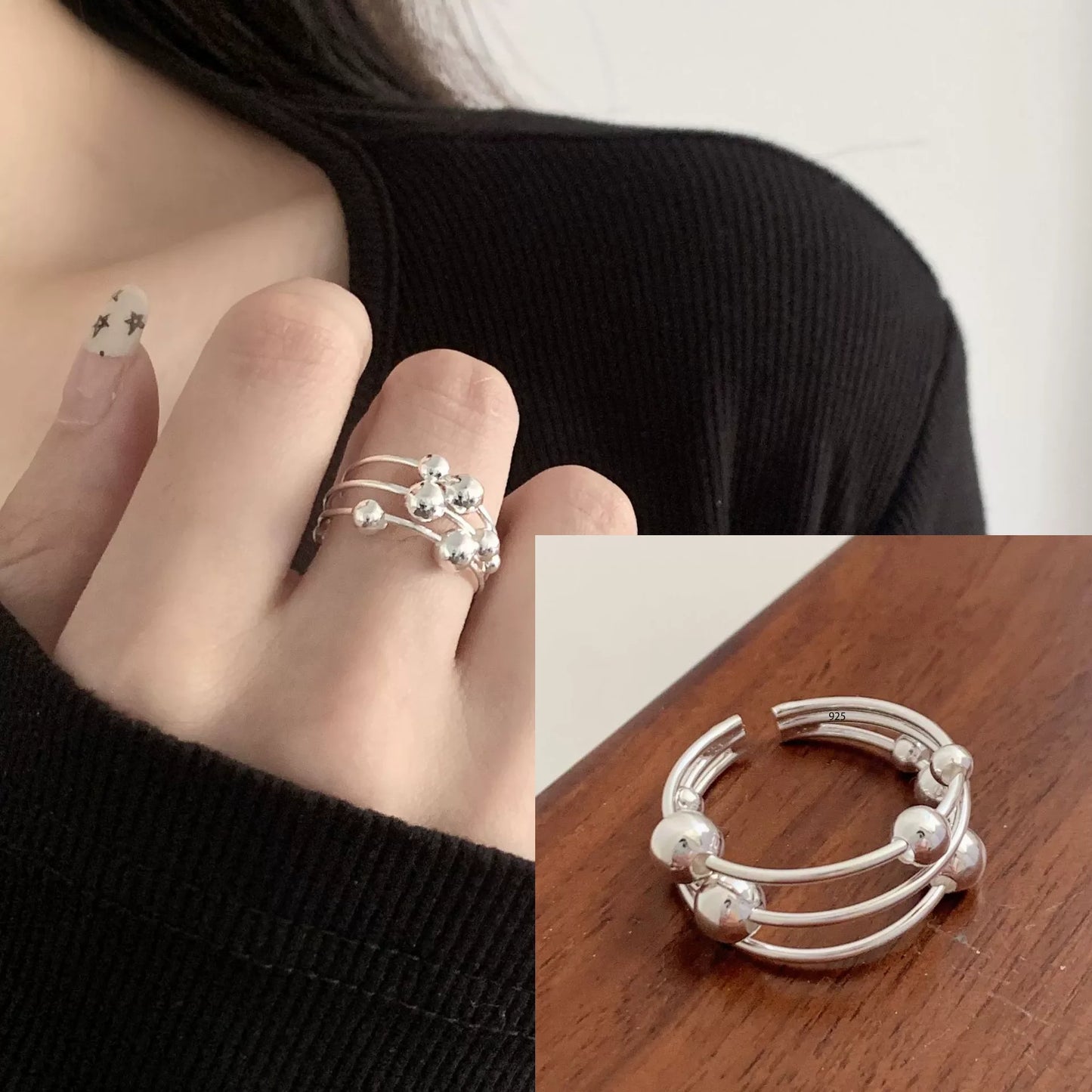 PANJBJ 925 Sterling Silver Hollow Out Rings For Women Three Layered Cross Punk Irregular Vintage Jewelry Gift Dropshipping