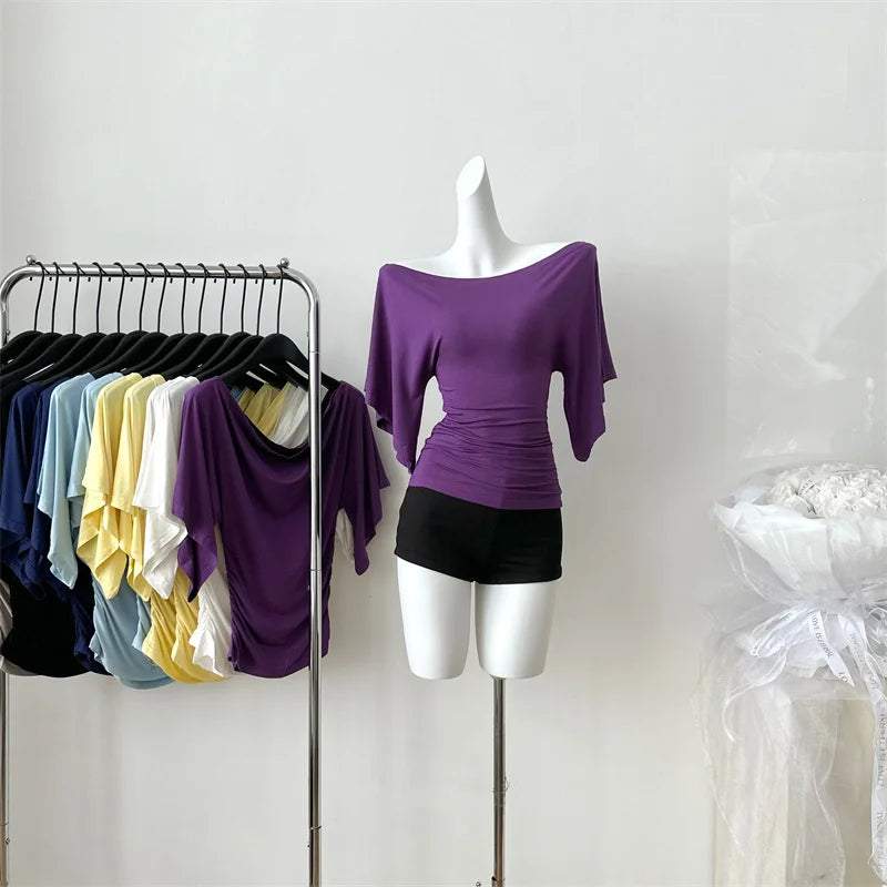 Women's Summer High Stretch Slash Neck Flare Sleeve Slim T Shirt Lady Sexy Pleated Slim Solid Color Pullover Tee Top