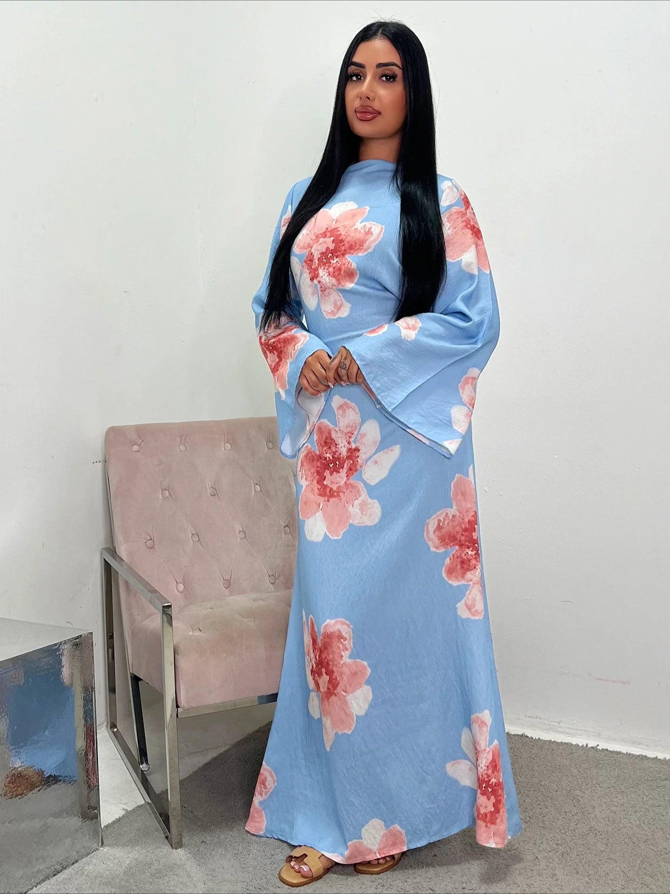 Women's Floral Print Abaya Party Dress – Muslim Kaftan Jalabiya