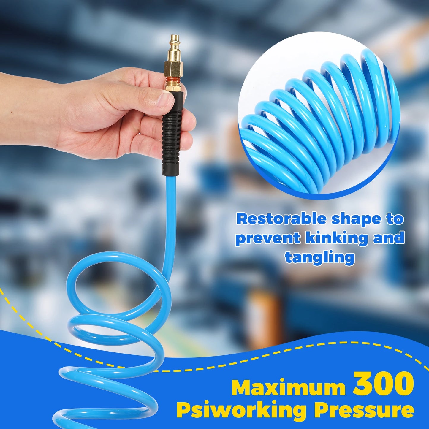 25FT Air Compressor Hoses with Coupler and I/M Plug Sturdy Flexible PU Recoil Air Hose Reliable Anti Kink Tool Accessory 300 PSI