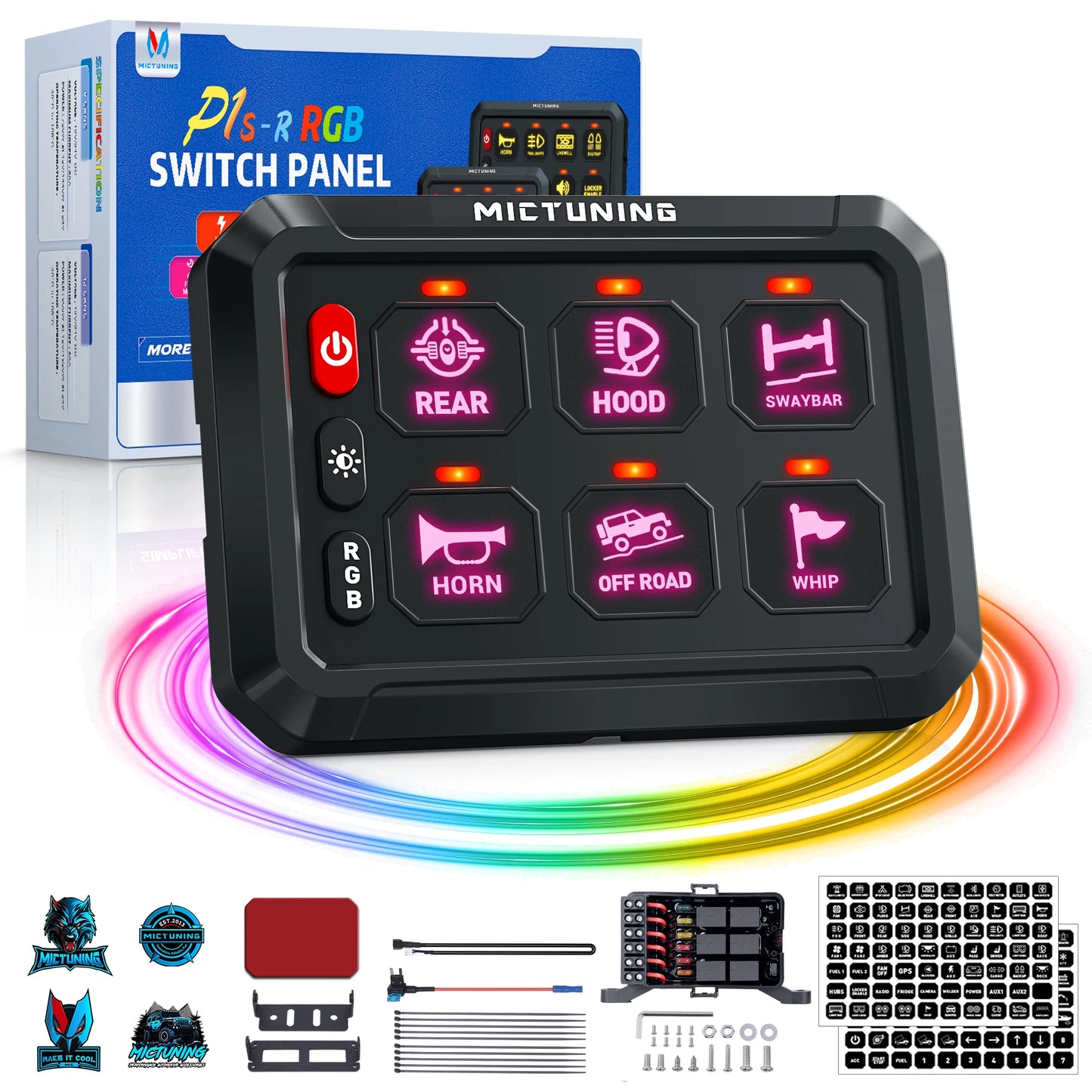 MICTUNING P1S-R 6/8 Gang Switch Panel RGB Colors Adjustable Brightness Switch Momentary Circuit Control Relay System Box For SUV