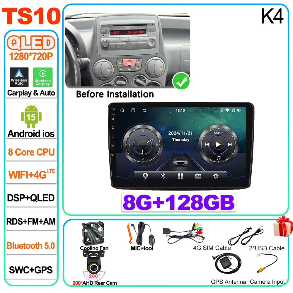 Car Stereo with Apple CarPlay & Android Auto, Compatible with Fiat Panda 169 (2003-2012)