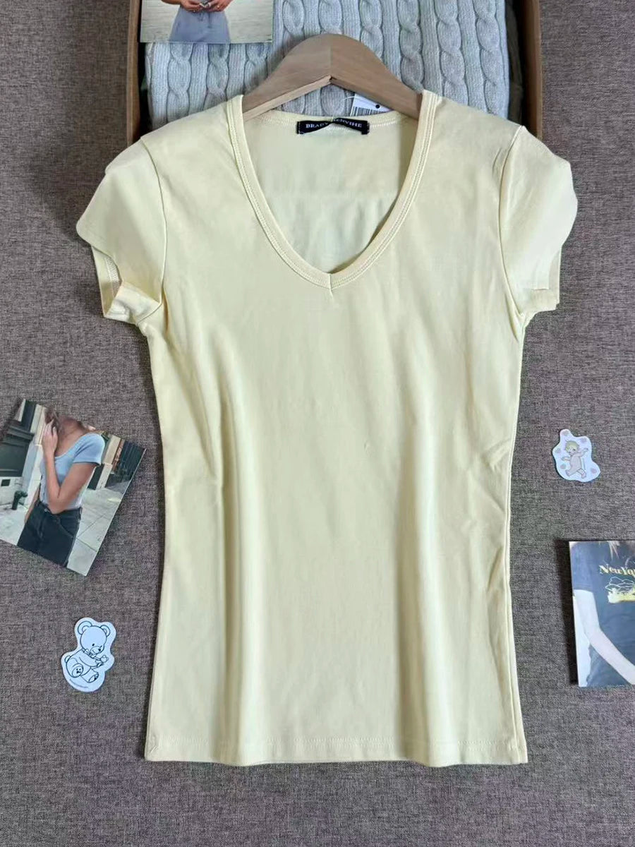 Camouflage Thin Short Sleeve T-shirt Women V-neck Cotton Slim All-match Tee Shirts Female Streetwear Vintage Y2k Tops Summer New