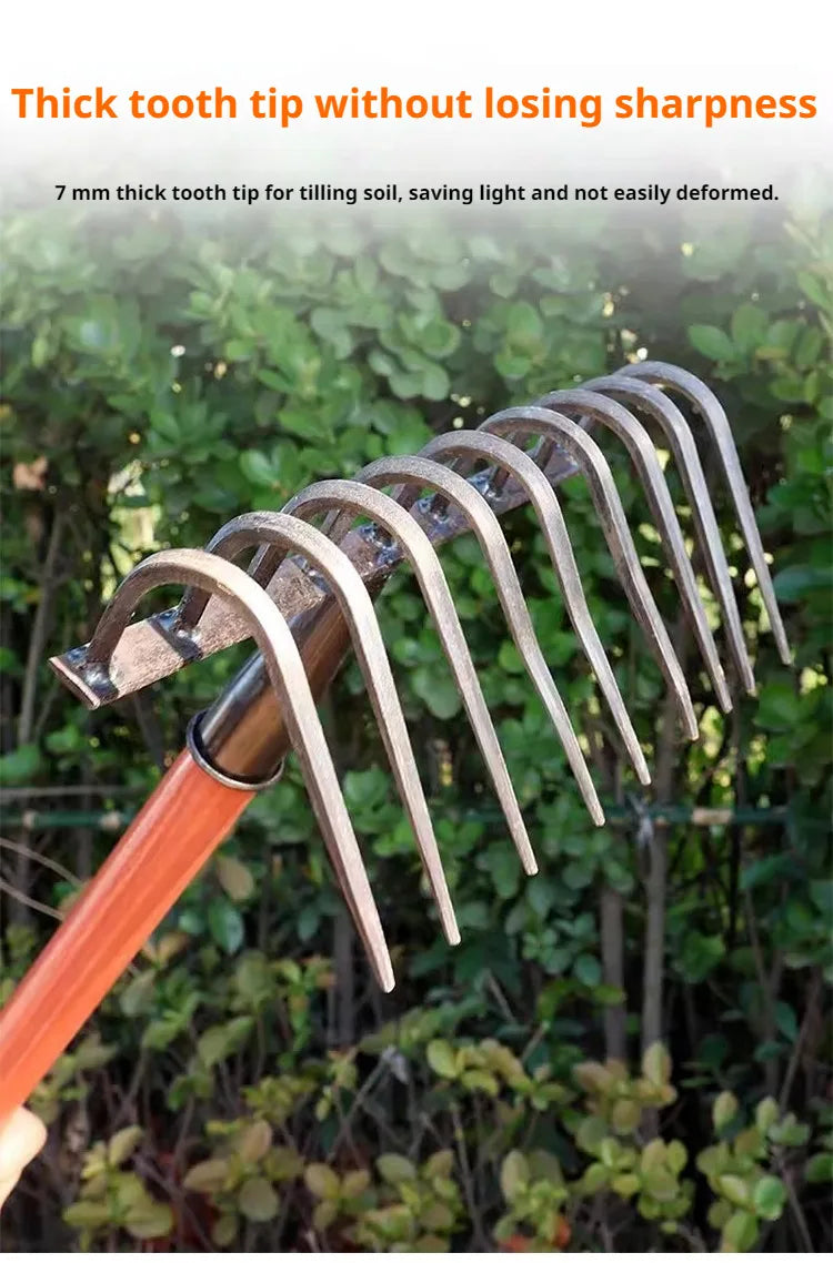 Multifunctiona steel rake Manganese Steel Durable Laborsaving Agricultural Nine-tooth Nail Rake for raking grass, loosening soil