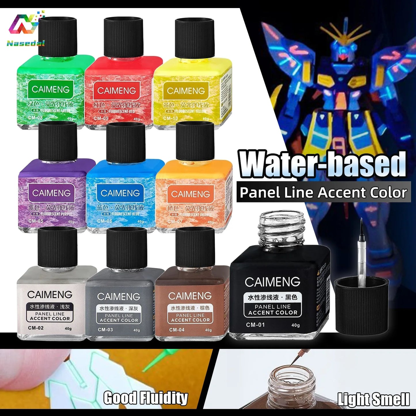 Nasedal Water Based Panel Line Accent 4 Basic 6 Fluorescent Colors 40g Penetrating Ink for Gundam Model Making Hobby DIY Project