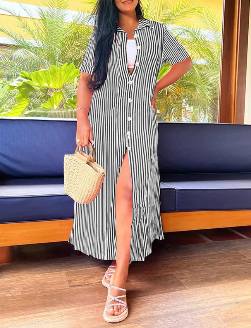Women's Stripe Button-Front Maxi Dress with V-Neck and Side Slit - Loose Fit Casual Summer Shirt Dress in Pink, Blue, Black & Pr