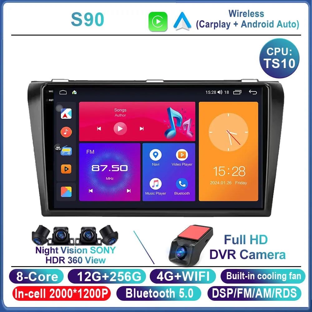 Car Stereo with Apple CarPlay & Android Auto, Compatible with Mazda 3 (2004-2009)