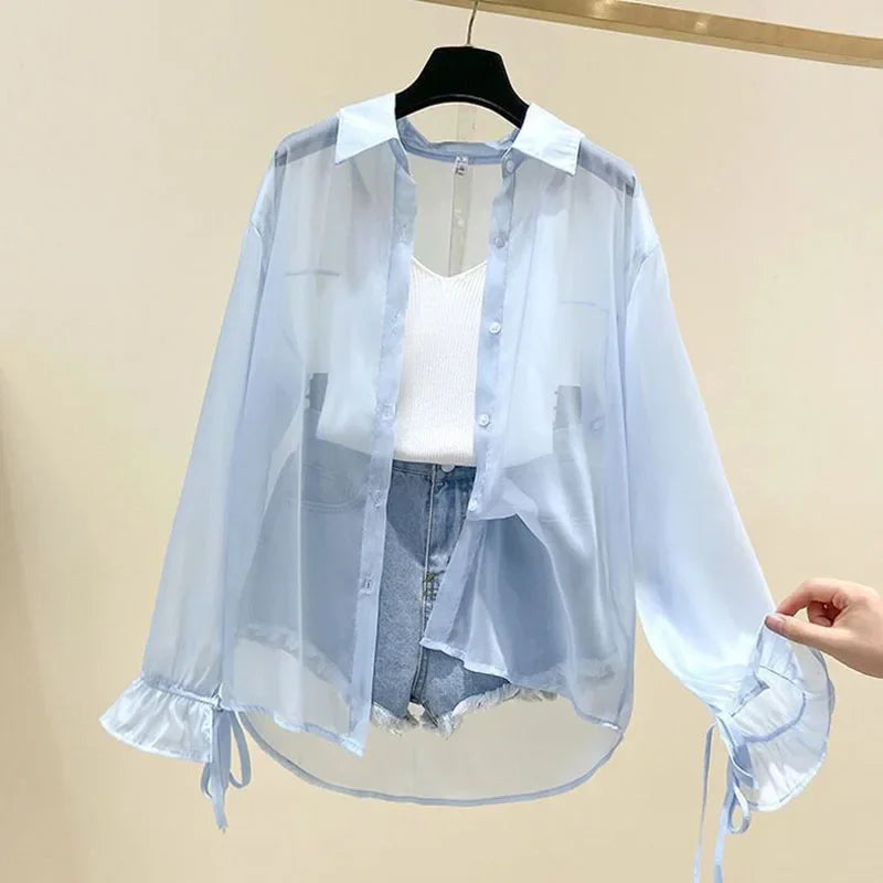 Women's Chiffon Button-Up Blouse — Bow Lace-Up Long-Sleeve Shirt