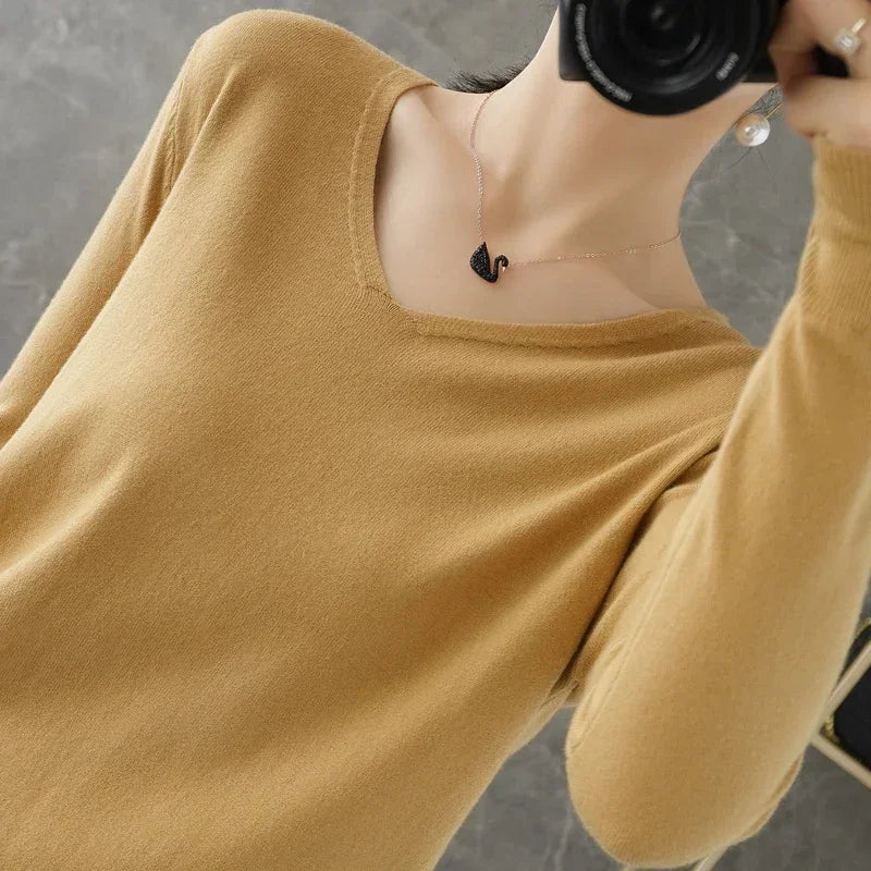 Women Sweater 2026 Spring Autumn Warm Winter Slim Fit Bottoming Shirt V-neck Korean Knitted Tops Casual High Strecth Jumpers