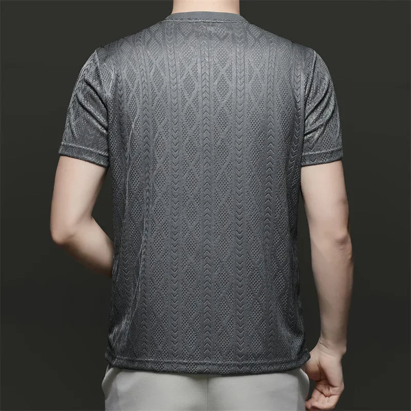 Men's Ice-Silk Jacquard Tee - Crew Neck, Cool-Touch Hollow Mesh