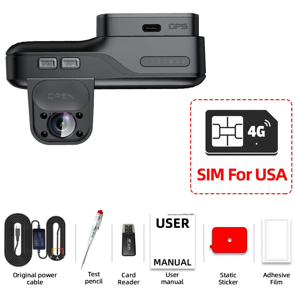 E-ACE 4G LTE Dash Cam Car Black Box Front and Inside Lens GPS Remote Live-View Infrared Night Vision Car Safety Video Recorder