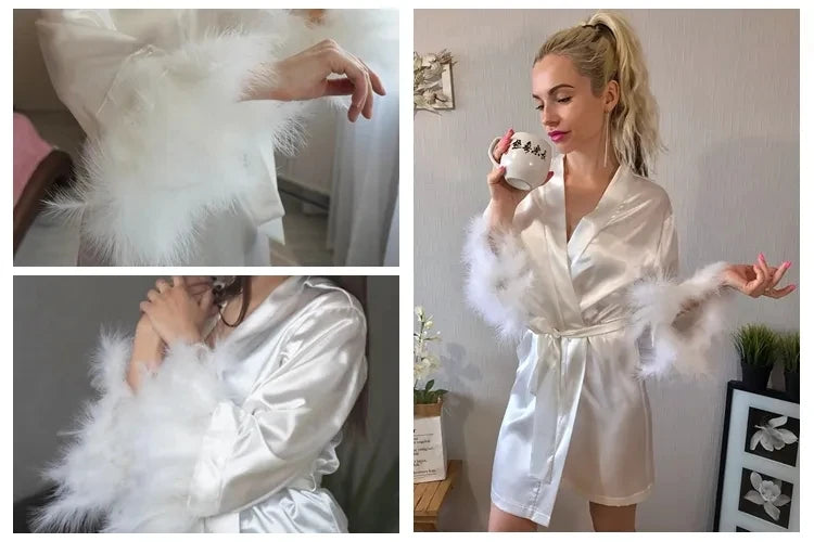 Women's Satin Robe with Feather Trim, Bridal Robe