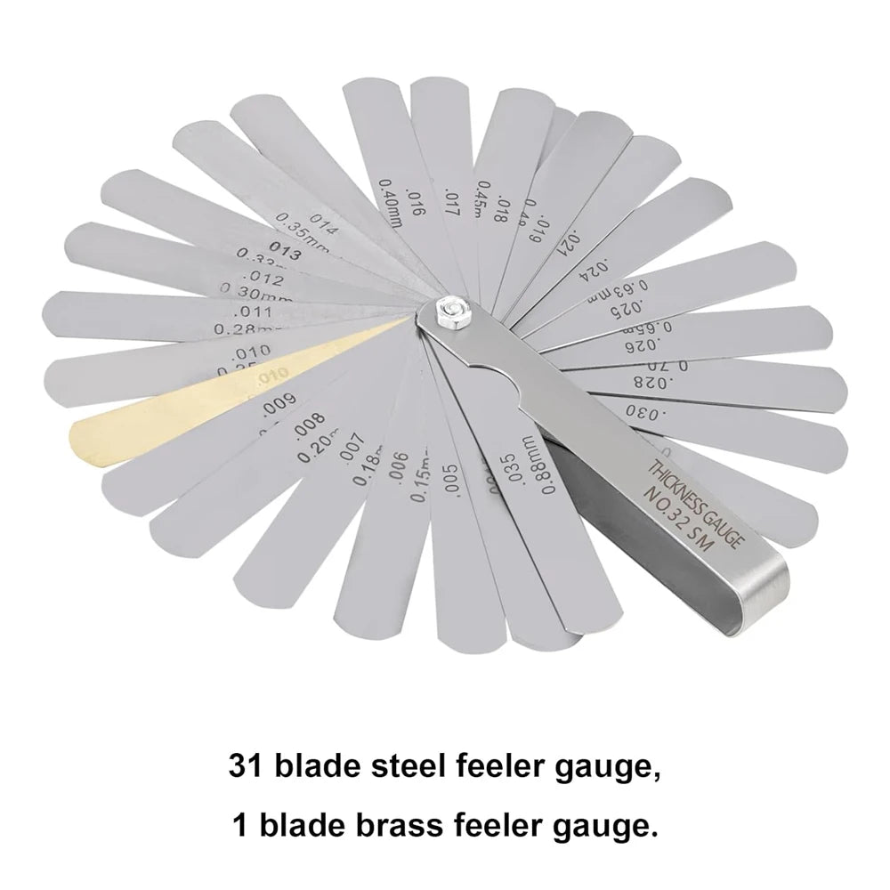 32 Blades Feeler Gauge Set Stainless Steel Dual Marked Metric and Standard SAE Valve Thickness Gauge Gap Measuring Tool