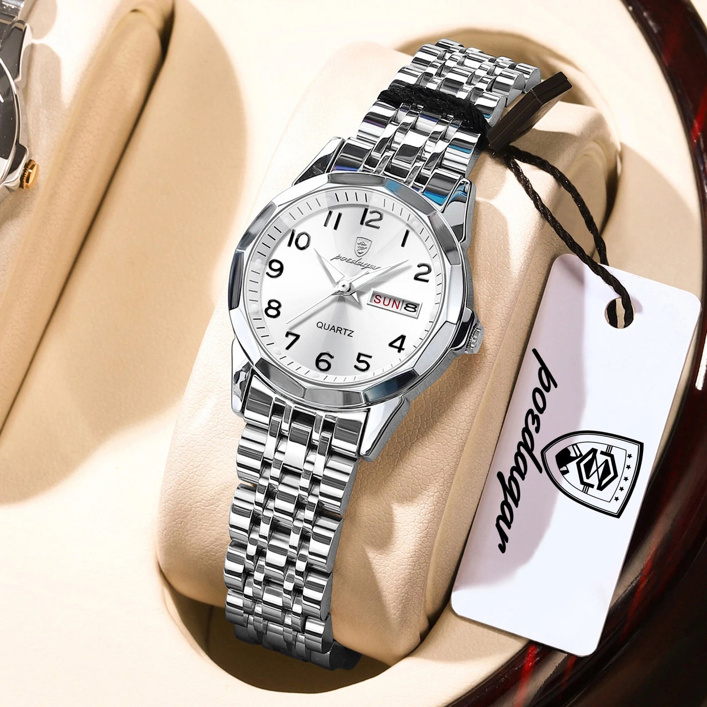 POEDAGAR Elegant Ladies Watches Waterproof Luminous Date Week Watch for Woman High Quality Stainless Steel Quartz Women's Watch