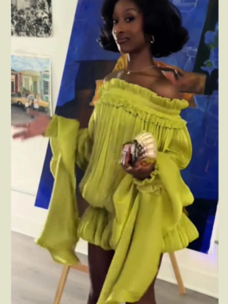Lime Green Off-shoulder Pleated Short Dress Chic Smocked Waist Bubble Vistidos Women's Tiered Full Sleeve Beach Club Party Gown