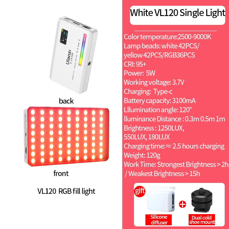 Ulanzi VL120 RGB Camera Phone Video Light Selfie Fill Light Portable 3100mAh Photography Lighting for Smartphone Vlog Tiktok