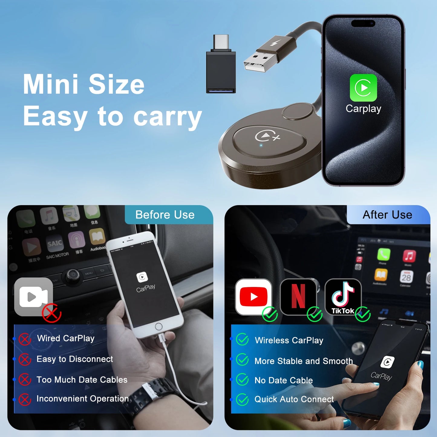 Wireless Video CarPlay Adapter With Netflix/YouTube/Tiktok, For OEM Wired CarPlay Cars