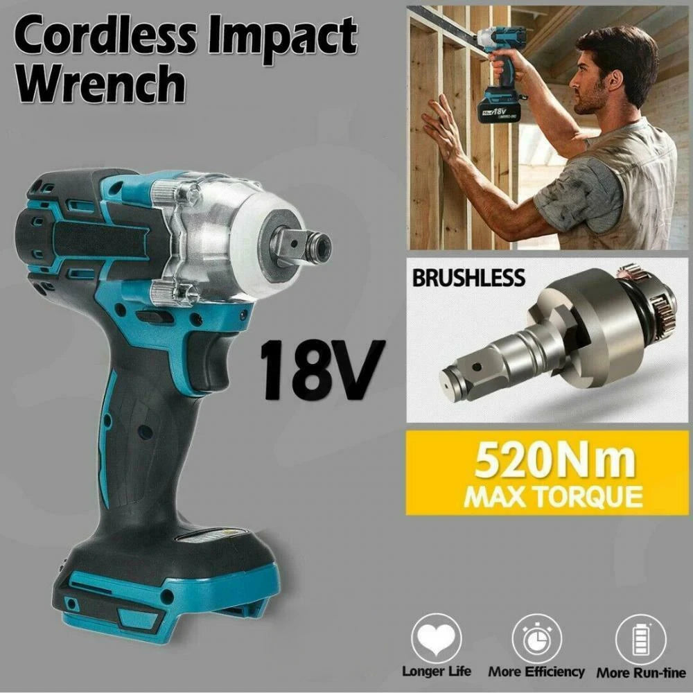 1/2 inch 520NM Brushless Cordless Electric Impact Wrench Power Tools Compatible 18V Battery Wrench with Toolbox Set