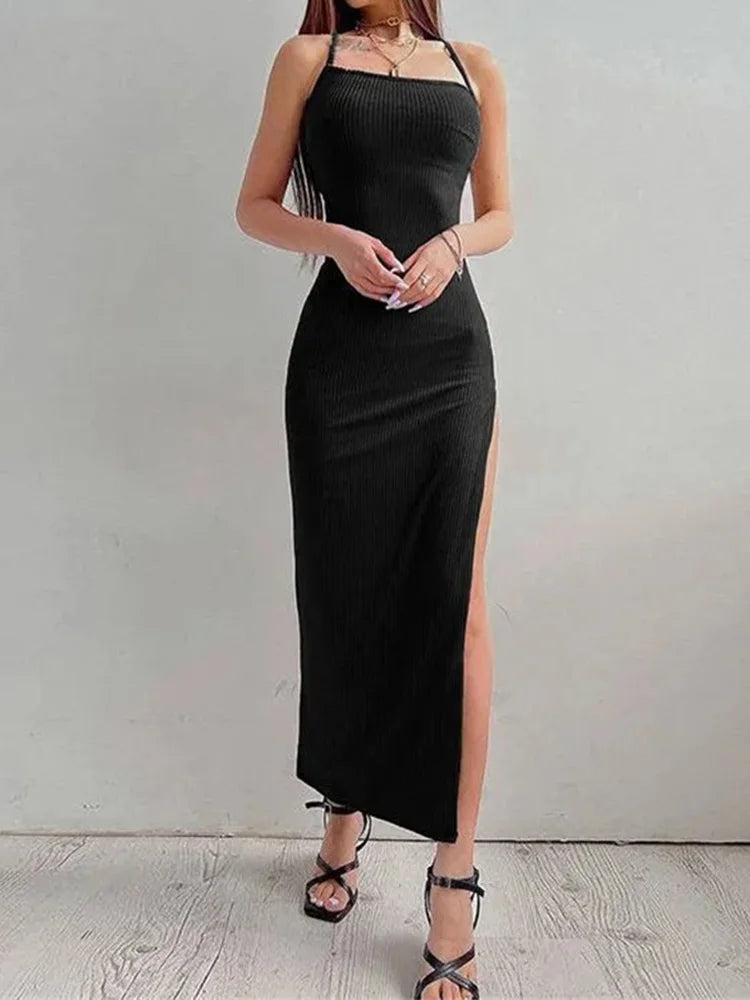 Women's Sexy Black Long Bodycon Dress – Sleeveless Backless Halter Neck High Split Maxi Dress | S–L (Black, Khaki)