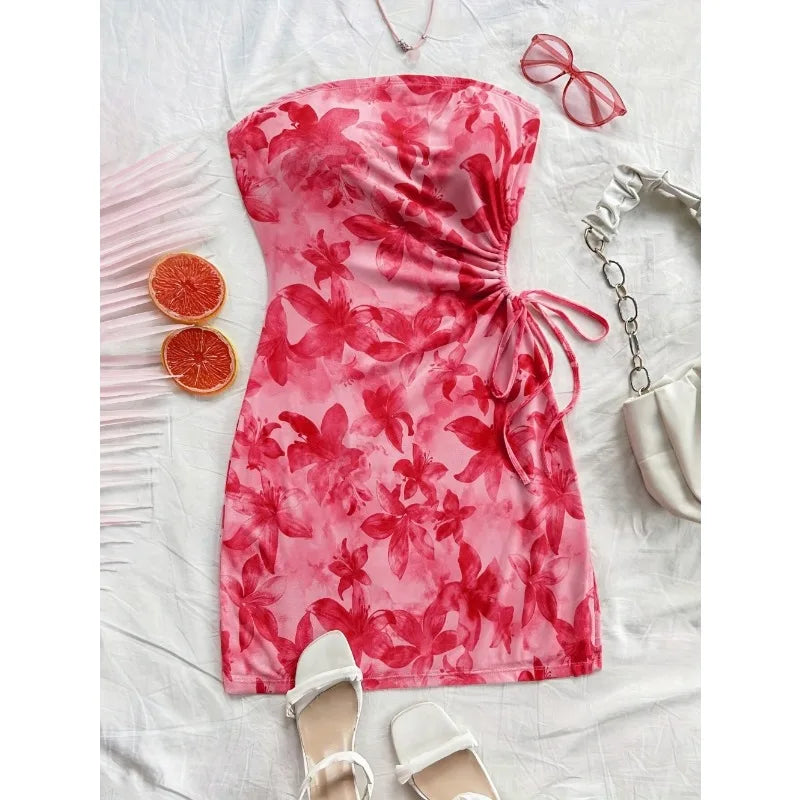 Women's 2026 Floral Print Tube Mini Dress Strapless Backless Party Club Short Ruched Drawstring Bodycon Party Dresses Streetwear
