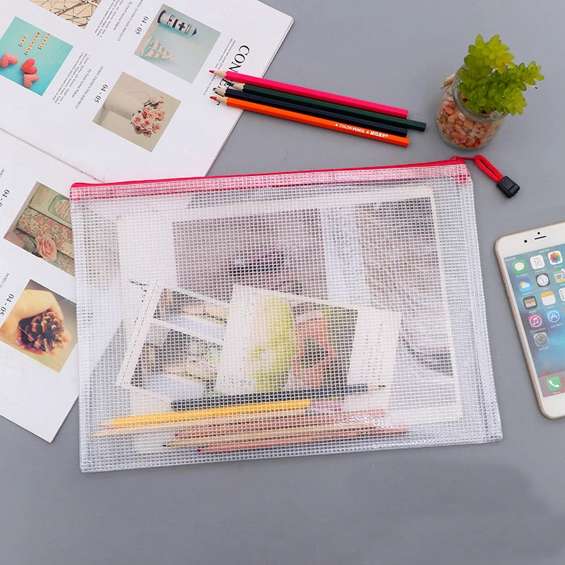 A3/A4/A5 Mesh Zipper Pouch Waterproof Plastic Document Pouch Multipurpose for Travel Storage Office Appliances Home Organize Bag