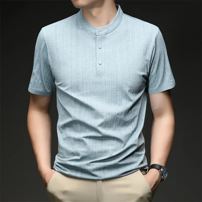 Men's Mandarin Collar Henley - Three-Button, Breathable Slim Fit