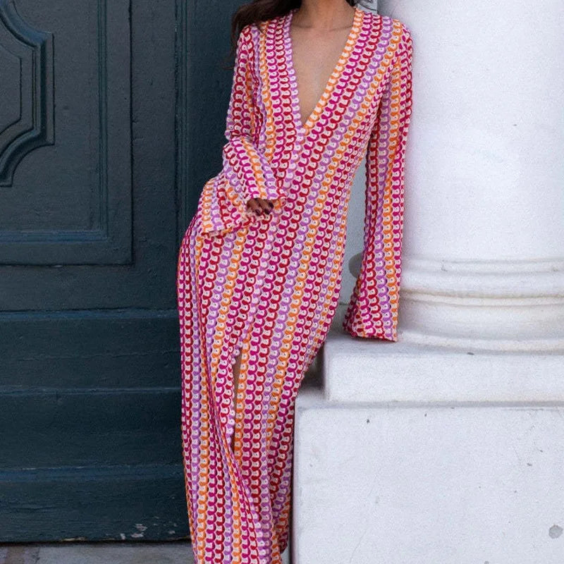Crochet Colorful Stripe Flare Sleeve Maxi Dress Women V-neck High Split Sexy Lace Long Dresses 2026 New Beach Banquet Vestidos