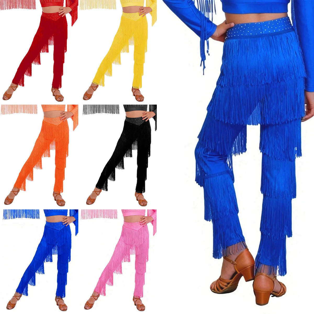 Girls tiered fringe Latin dance set with pants