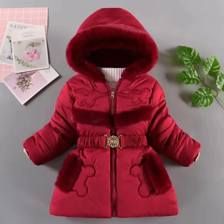 Girls' Hooded Winter Coat with Belt - Plush Lined Heavy Jacket