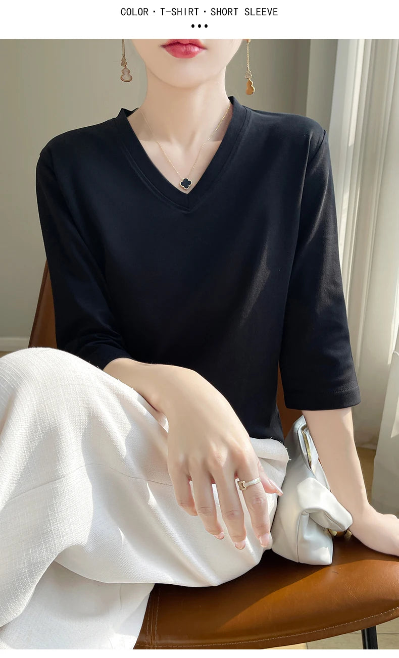 Spring And Summer New Cotton V-neck T-shirt Short-Sleeved Women's Half-Sleeve Bottoming Shirt High-End Cropped Sleeve Top
