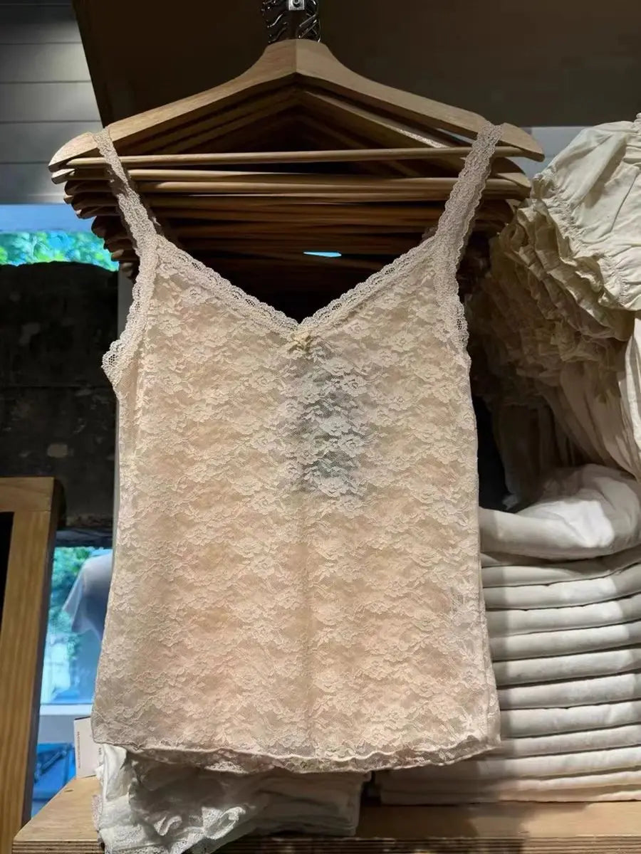 New Blue Lace Transparent Tank Tops Summer Bow Sexy V Neck Sleevless Slim Thin Camis Women Vintage Solid Sweet Mesh Crop Top