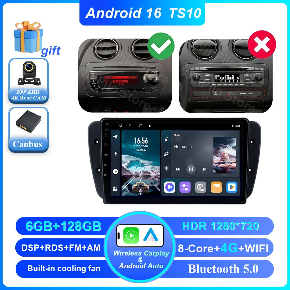 9" Android Car Stereo for Seat Ibiza MK4 6J (2008–2015) — CarPlay, Android Auto, GPS, 4G, WiFi