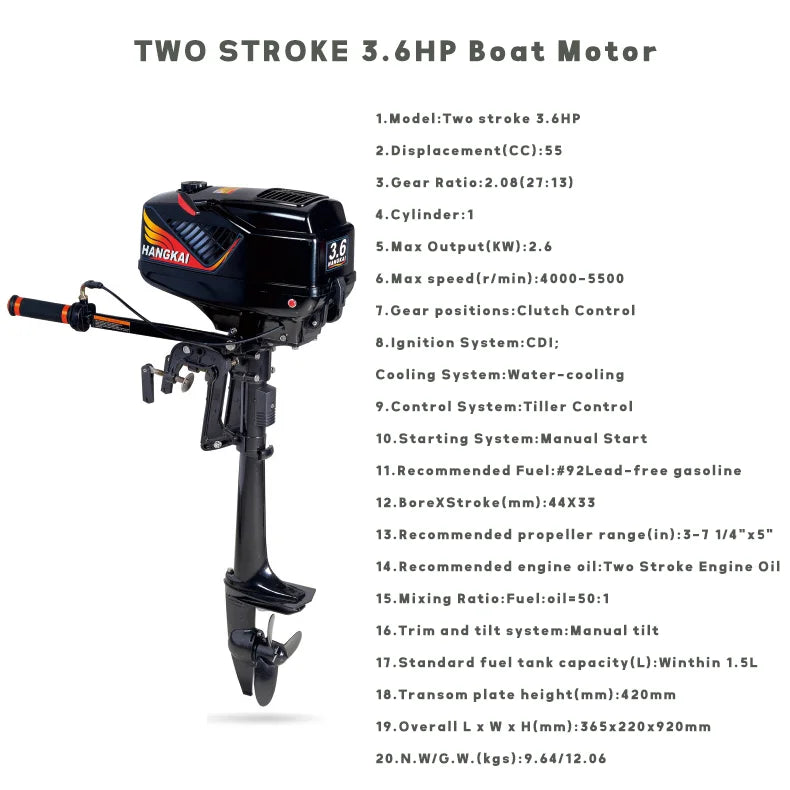 Water Cooled Two-Stroke 3.6HP Petrol Inflatable Fishing Kayak Boats Outboard Motor Assault Boat Canoeing Marine Engine Motors