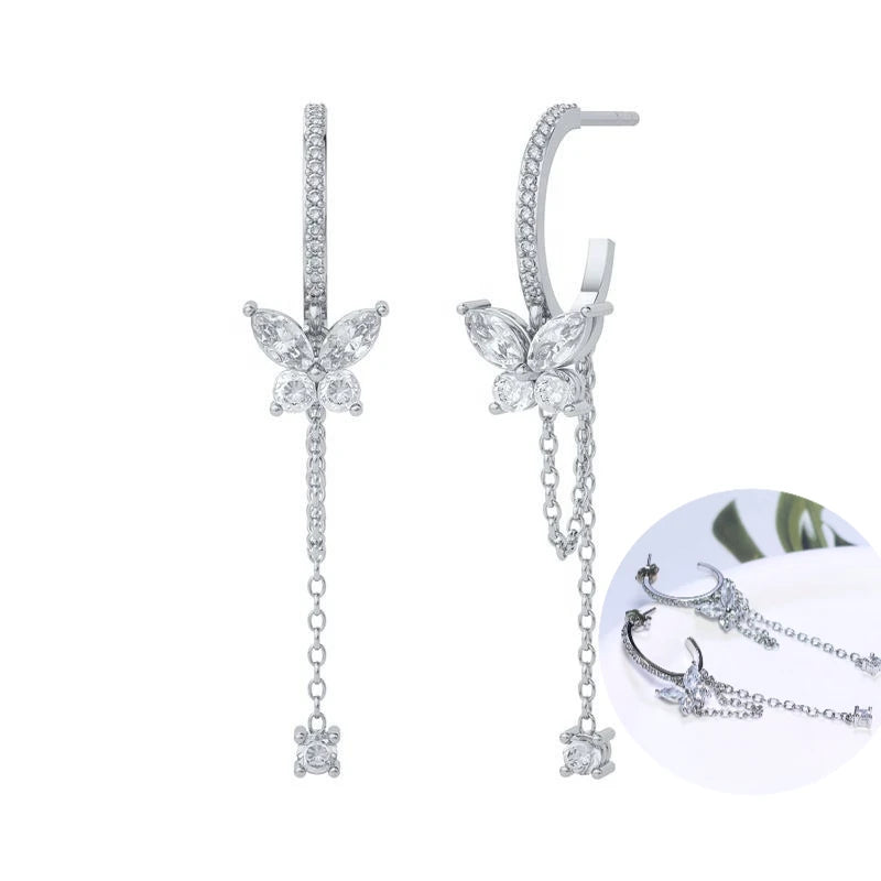 925 Sterling Silver Tassel Hoop Earrings for Women - White Zircon
