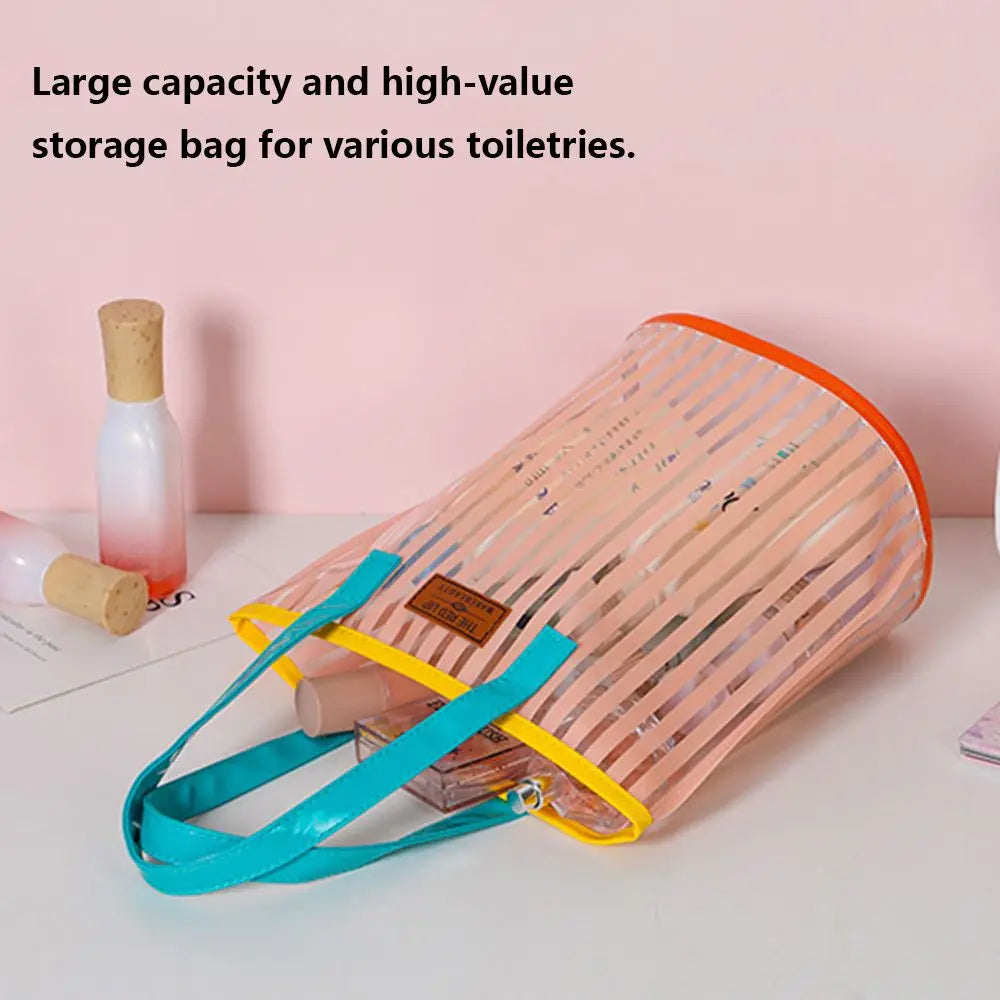 Large Capacity Transparent Handbag Waterproof Stripe Print Beach Bag Wash Bag Protable Travel Shopping Sundry Storage