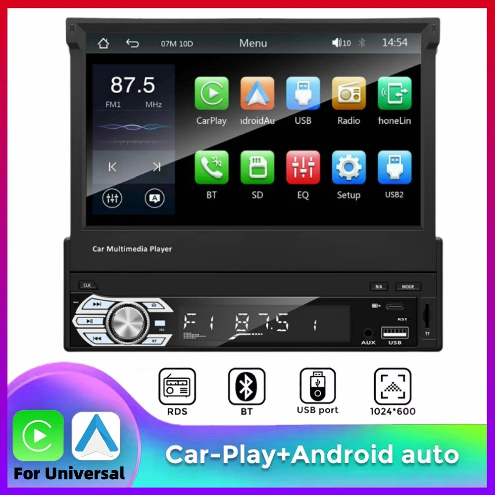 1-DIN 7" Retractable Touchscreen Car Stereo — CarPlay, Android Auto, Mirror Link, FM/AUX, Bluetooth