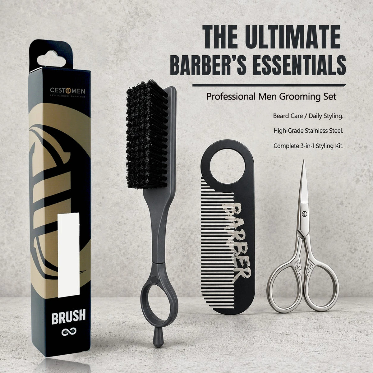 3Pcs Men Grooming Set Professional Beard Brush Stainless Steel Ring Comb Mini Scissors Salon Home Daily Styling Beard Care Tools
