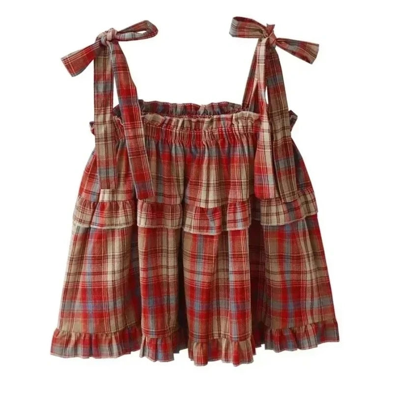 Women's Y2K Vintage Plaid Lace-Up Strap Sleeveless Crop Tank Top – Acubi Japan Green Streetwear