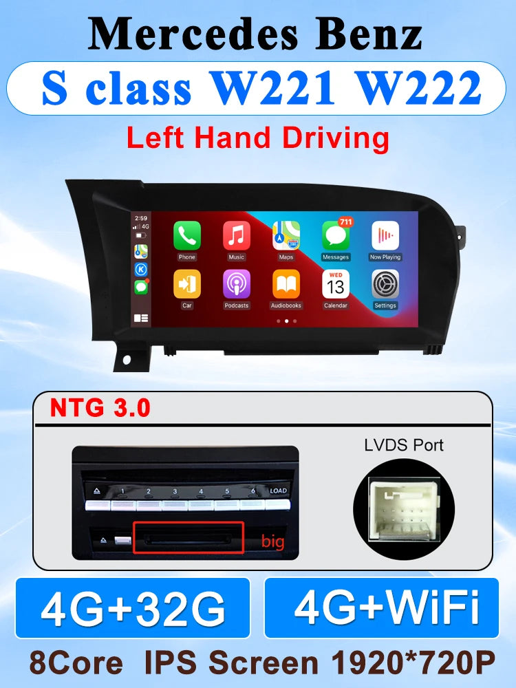 10.25" Wireless CarPlay & Android Auto Display Screen, Compatible with Mercedes-Benz S-Class W221 (NTG 3.0/3.5)