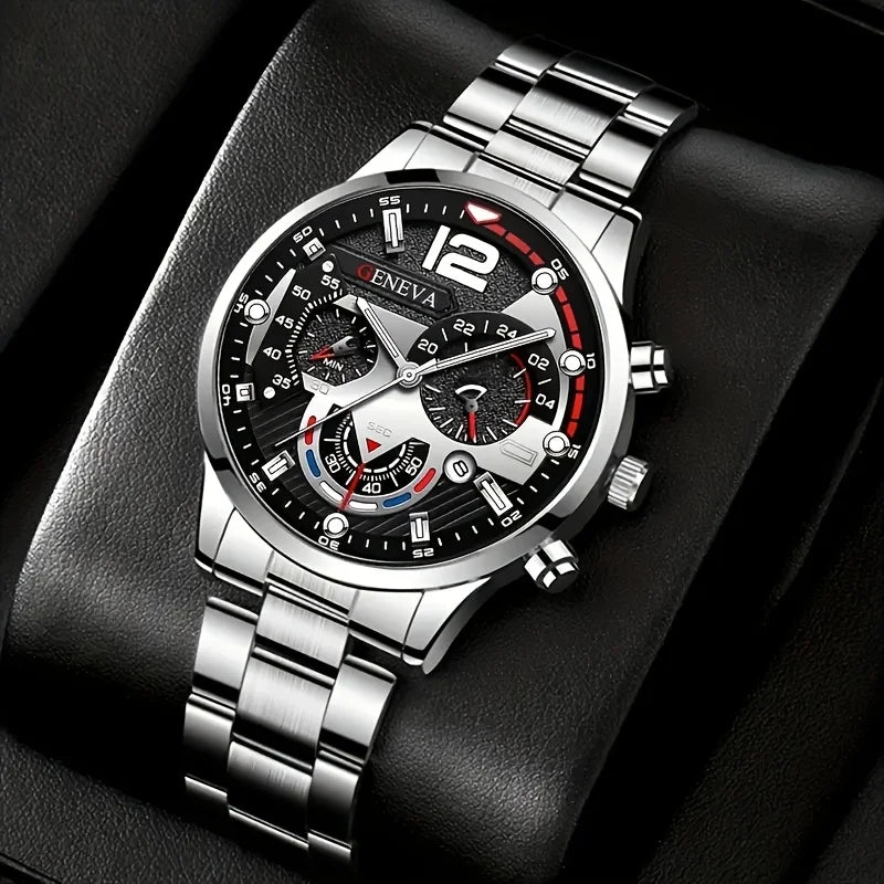 4pcs Fashion Men's Quartz Watch Set Decorative Three-eye Dial Men Business Watches Relogio Masculino（Without Box）