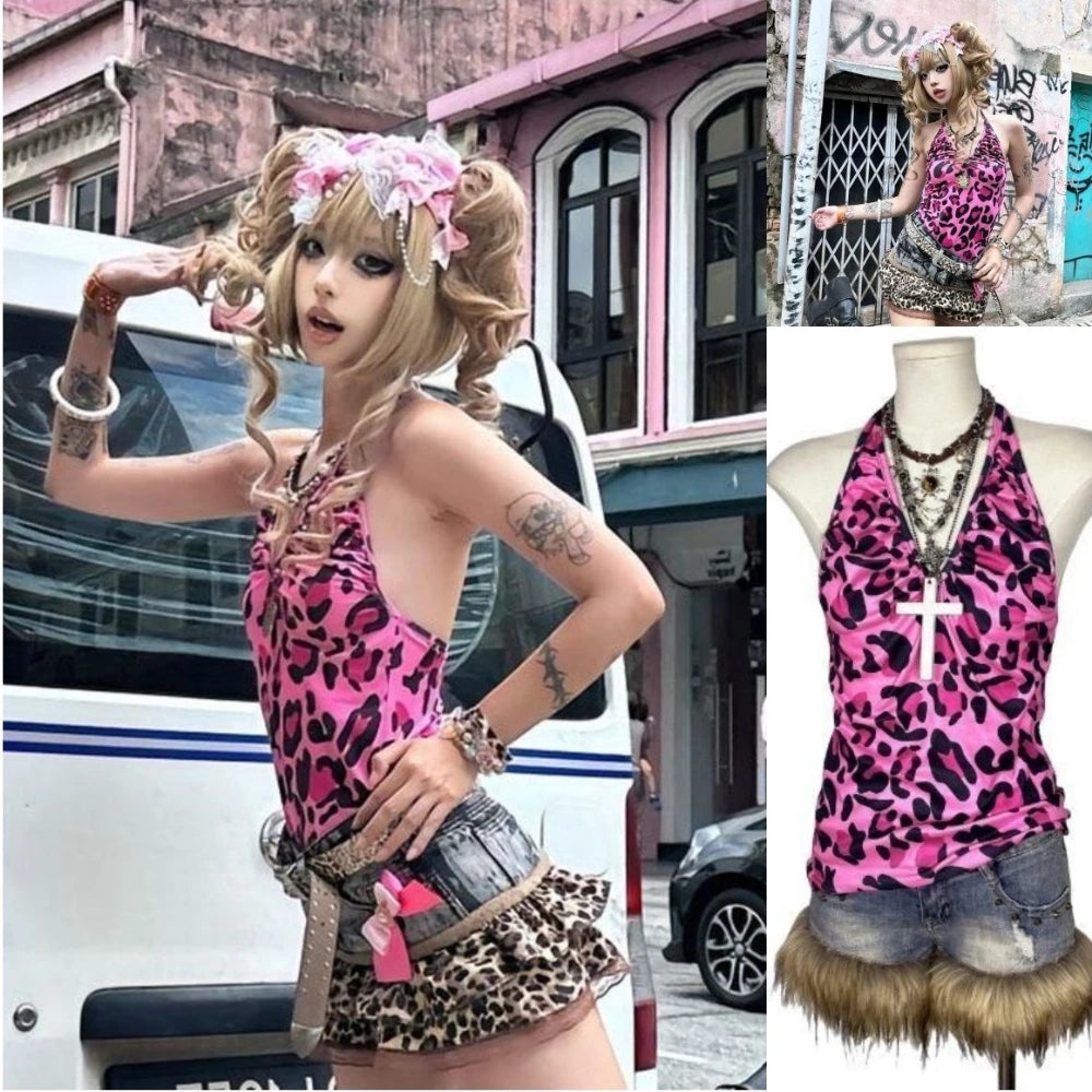 Women's Leopard Lace Cami — Y2K Patchwork Sleeveless Beach Tank Top