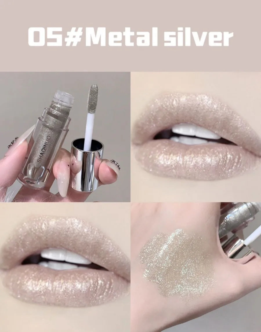 SHAQINUO Water Light Mirror Lip Gloss Lasting Moisturizing Cool Black Silver Gray Pearlescent Fine Sparkling Lipstick Lip Oil