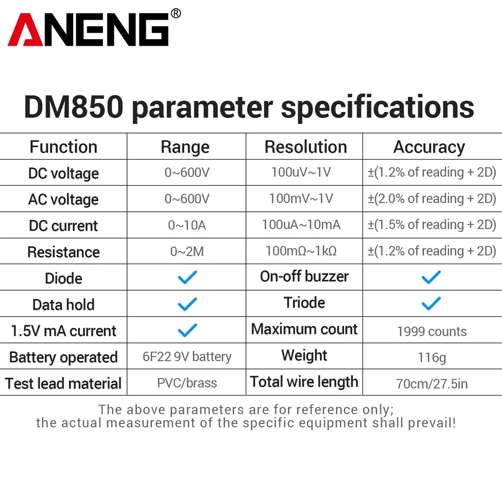 Smart Digital Multimeter Automatic 1999 Count AC/DC Current Voltage Handheld ANENG DM850 Buzzer Resistance Diode Electrician Tes